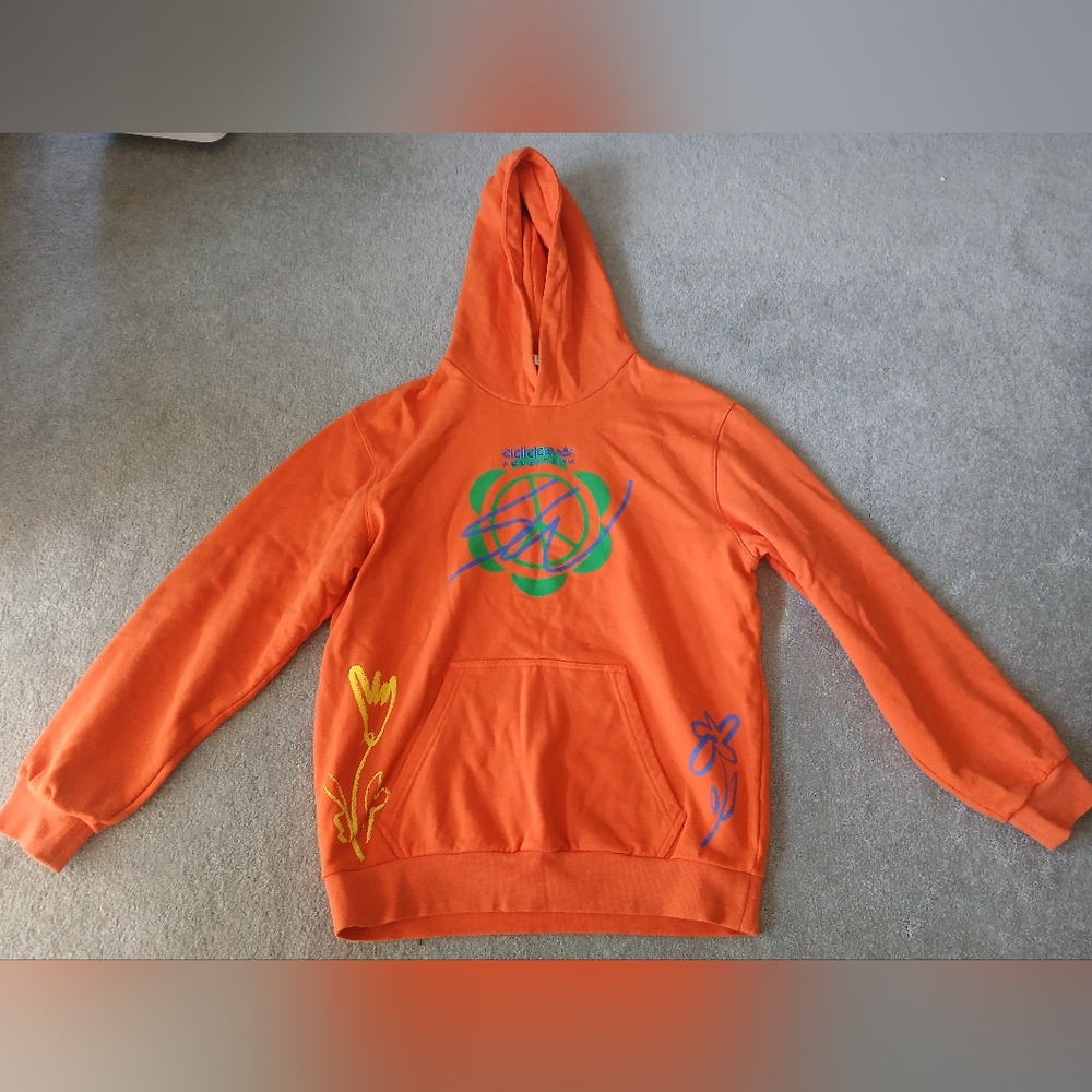 Adidas Orange Hoodie with Green Emblem and Blue Script